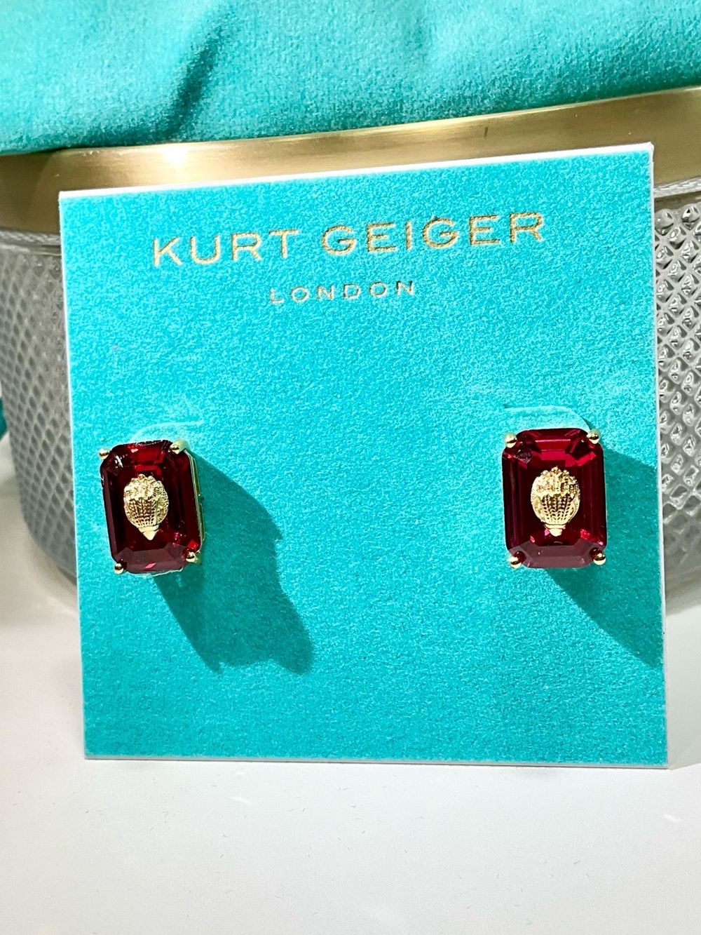 KURT GEIGER London Emerald Cut Crystal Eagle Head Stud Earrings NWT Pink